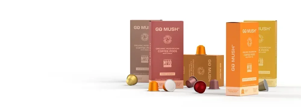 Packaging GoMush Organic Mushroom Coffee Pods with Chaga